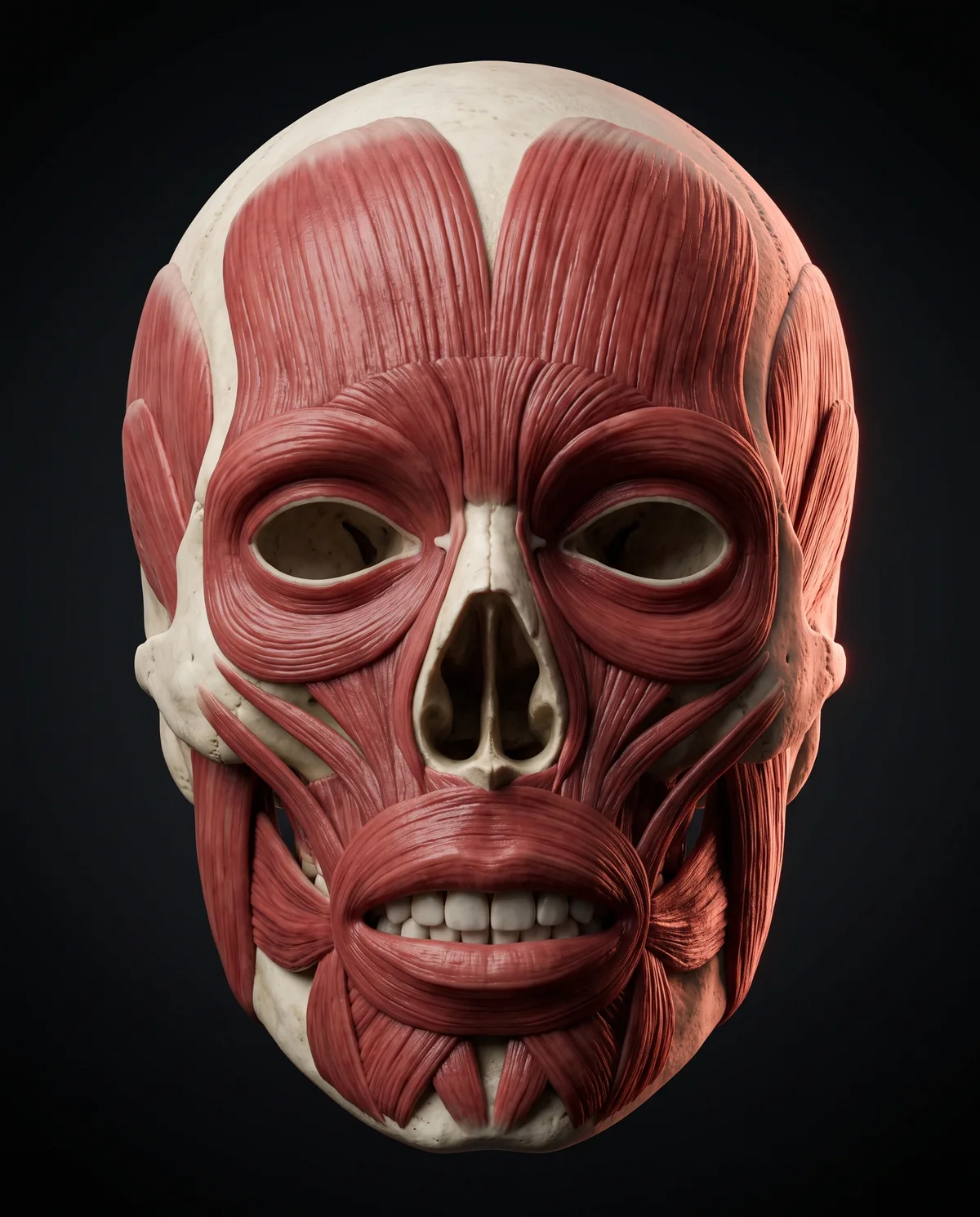 Cráneo con los músculos de la expresión facial, vista frontal, con el análisis de tercios